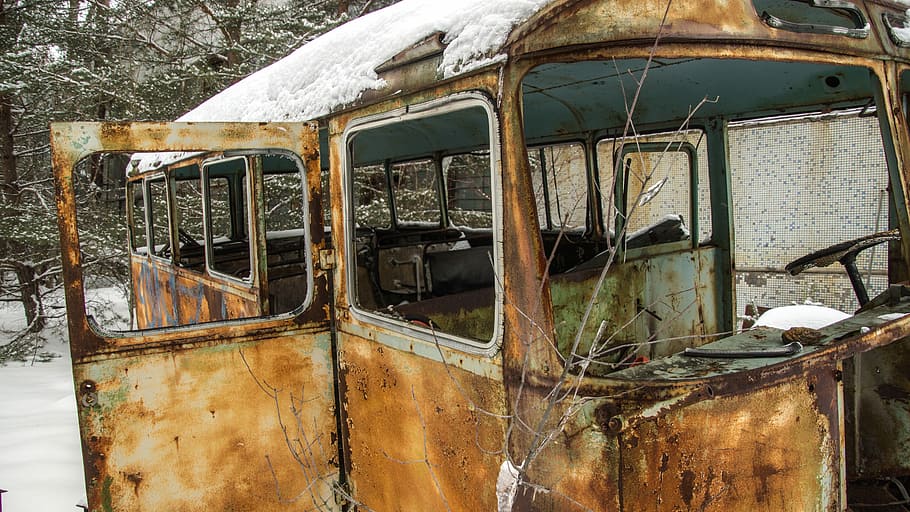 bus, snow, exclusion zone, winter, nature, landscape, white HD wallpaper