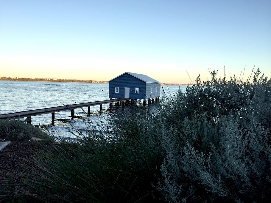 blue boat house, perth, western australia, swan river, boathouse, HD wallpaper