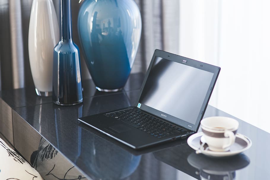 Home office desk with laptop and coffee, computer, cup, electronics HD wallpaper