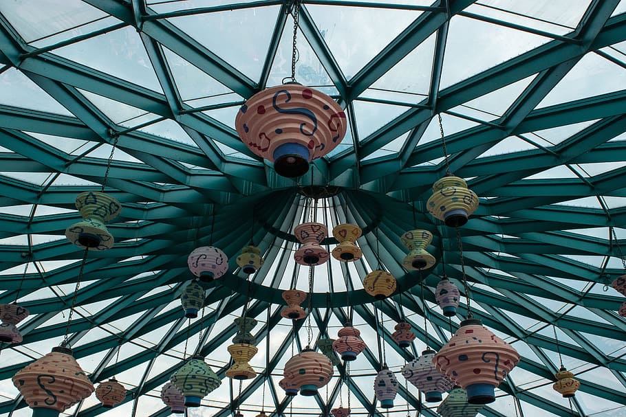 ceiling, design, modernity, perspective, cups, color, fun, low angle view HD wallpaper