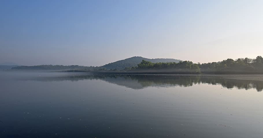 calm body of water with trees during daytime, melton lake on foggy morning