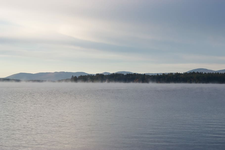 Body of Water during day time, blue, clouds, fog, gray, lakes, HD wallpaper