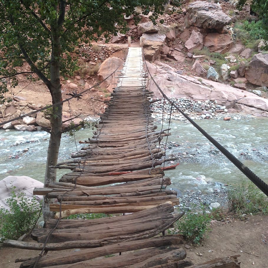 bridge, stream, crossing, rickety, river, nature, wooden, walking HD wallpaper