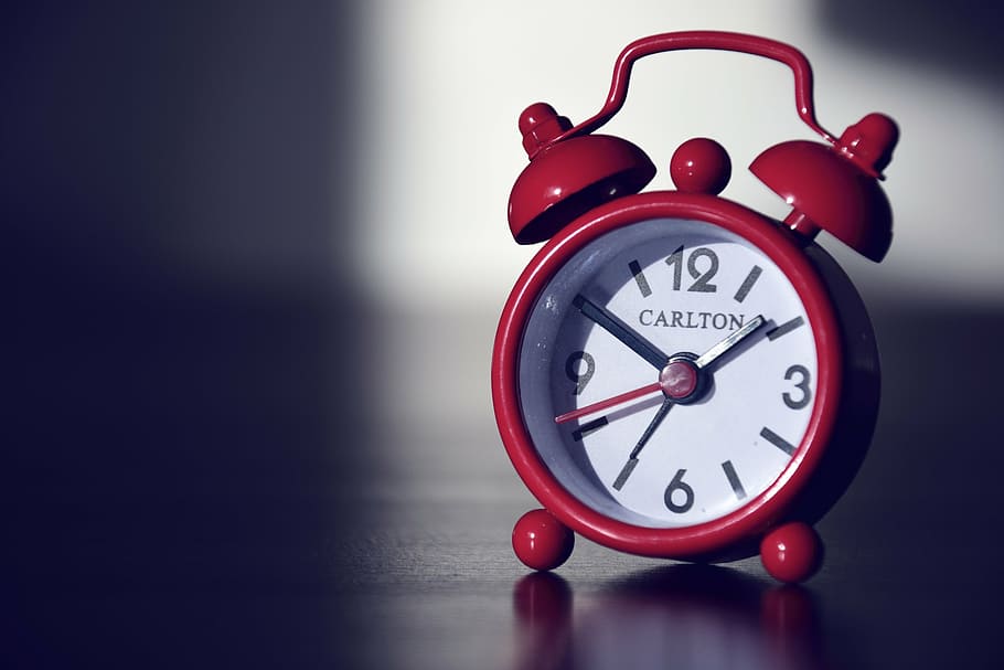 red twin bell alarm clock at 1:49, time, minute, hour, arouse, HD wallpaper