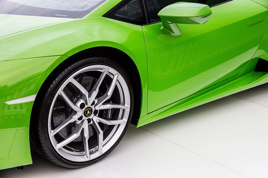 A bright green Lamborghini sports car, food/Drink, cars, transportation