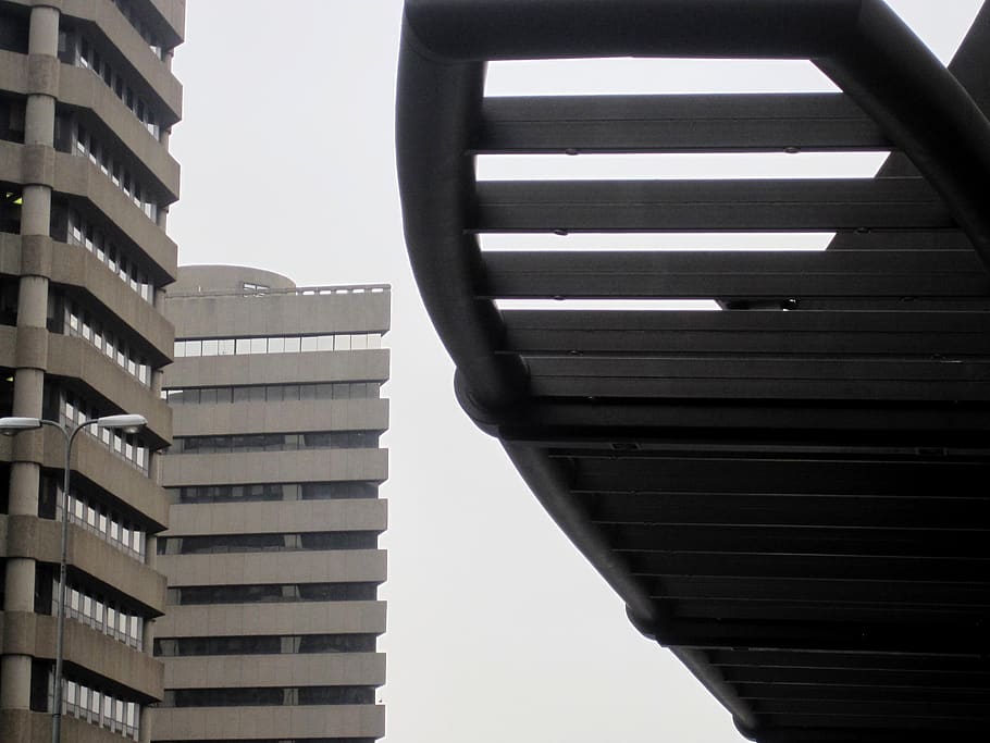 building, grey, towering, platform, overhead, slats, angles HD wallpaper