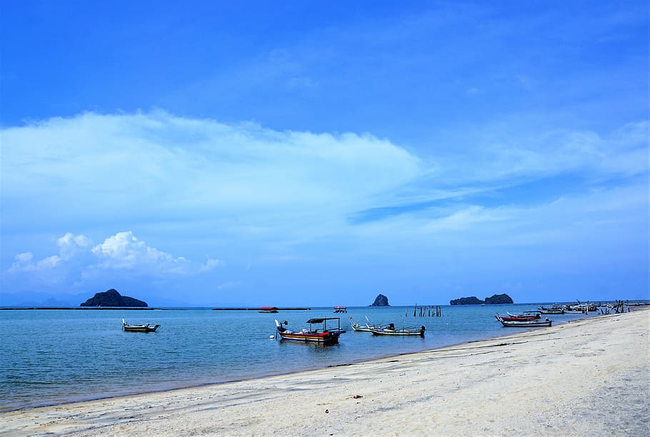 boats on sea near shore, waters, beach, coast, sand, travel HD wallpaper
