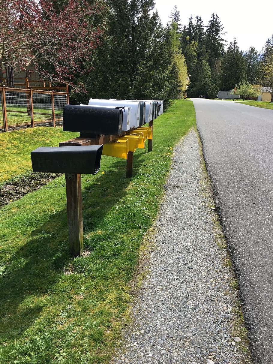 mailbox, road, grass, rural, street, green, outdoors, postal, HD wallpaper