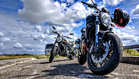 black standard motorcycle, clouds, background, ducati, scrambler HD wallpaper