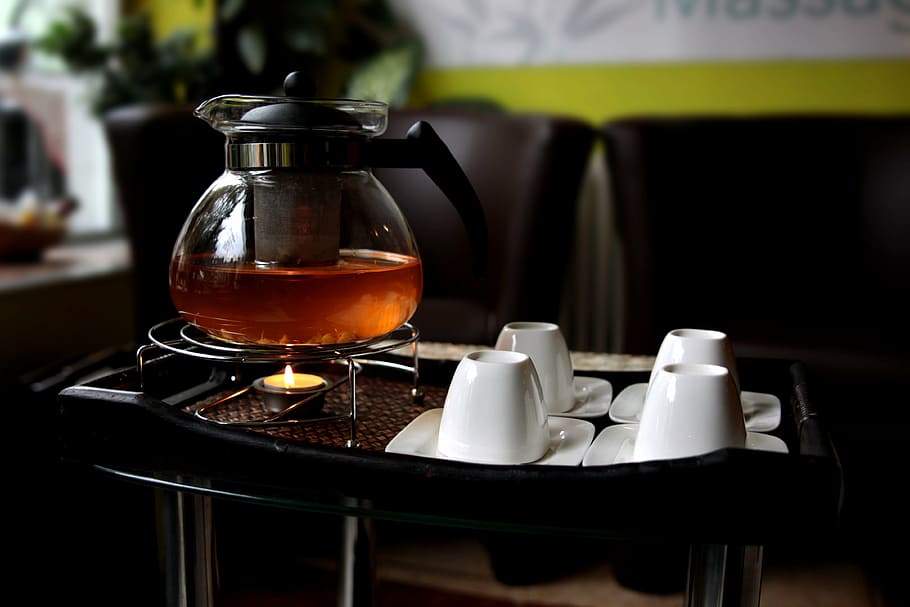 clear glass coffee urn near cups, tee, peppermint tea, drink HD wallpaper