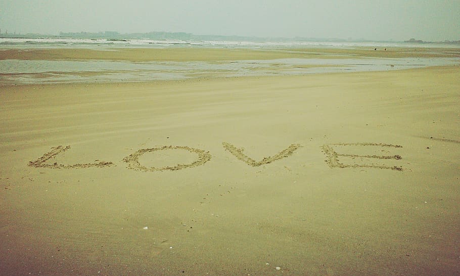 love, beach, small fresh, land, sand, sea, text, water, western script HD wallpaper