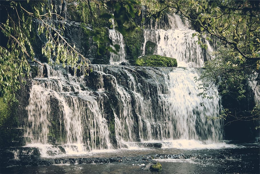 waterfalls, river, stream, rocks, trees, nature, motion, beauty in nature HD wallpaper