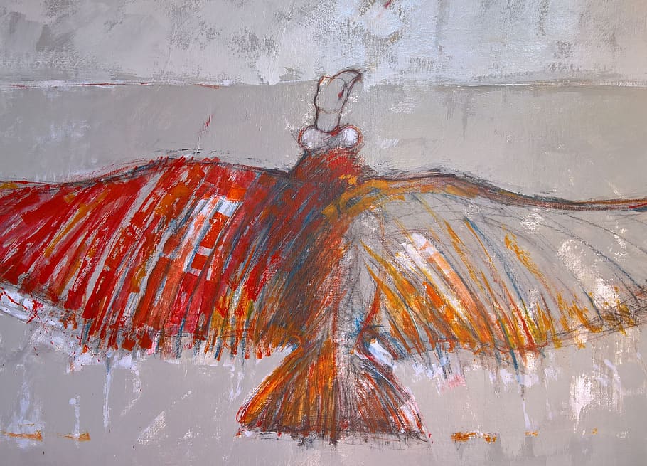 asfer, painting, oil, box, red, bird, flight, water, no people