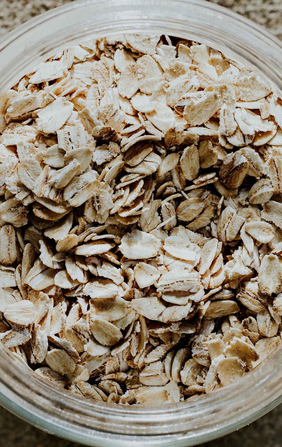 top view photo of flakes in clear glass jar, oatmeal, closeup HD wallpaper