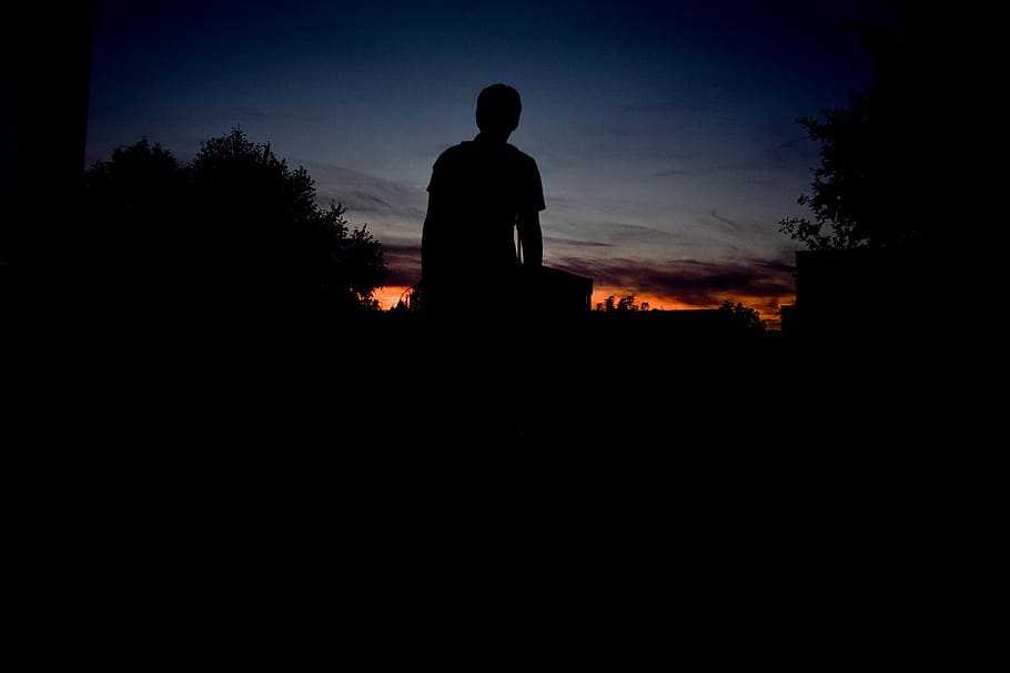 silhouette of person standing under blue sky during sunet, person standing between tress silhouette