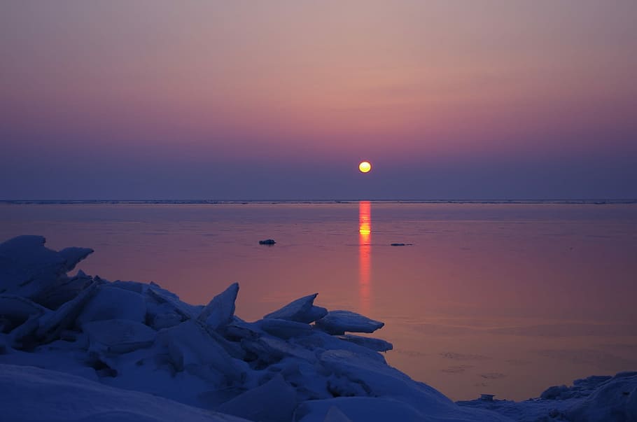 sea, sunset, evening, calm, beach, ice, nature, silence, landscape HD wallpaper