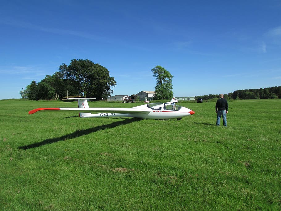 gliding, glider, wing, fly, flying, sky, pilot, grass, plant HD wallpaper