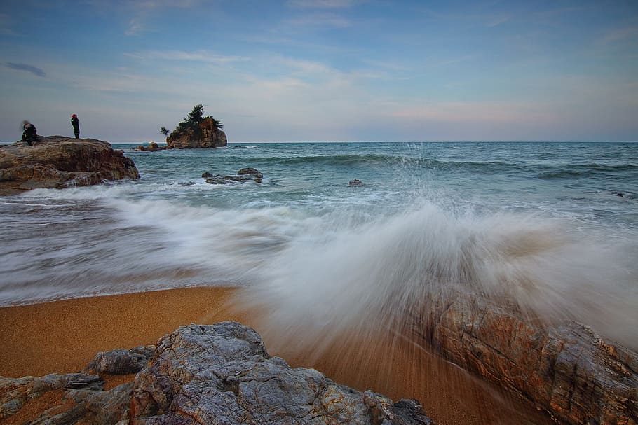 sea, dawn, landscape, nature, beach, dusk, evening, horizon, island HD wallpaper