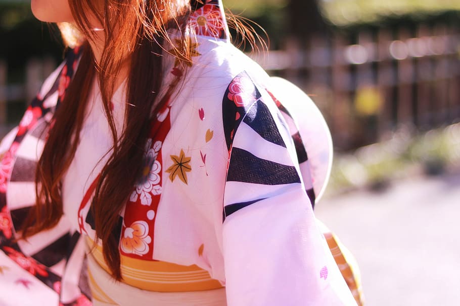 brown haired woman wearing white, red and black kimono during daytime HD wallpaper