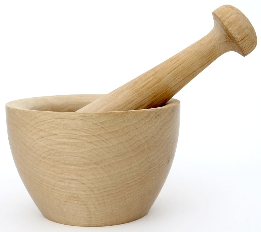 brown wooden mortar and pestle, accessory, appliance, breakfast HD wallpaper
