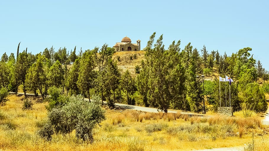church, hill, landscape, countryside, ayia varvara, cyprus, HD wallpaper