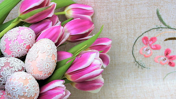 pink tulip flowers on gray textile, easter, eggs, color, nature HD wallpaper