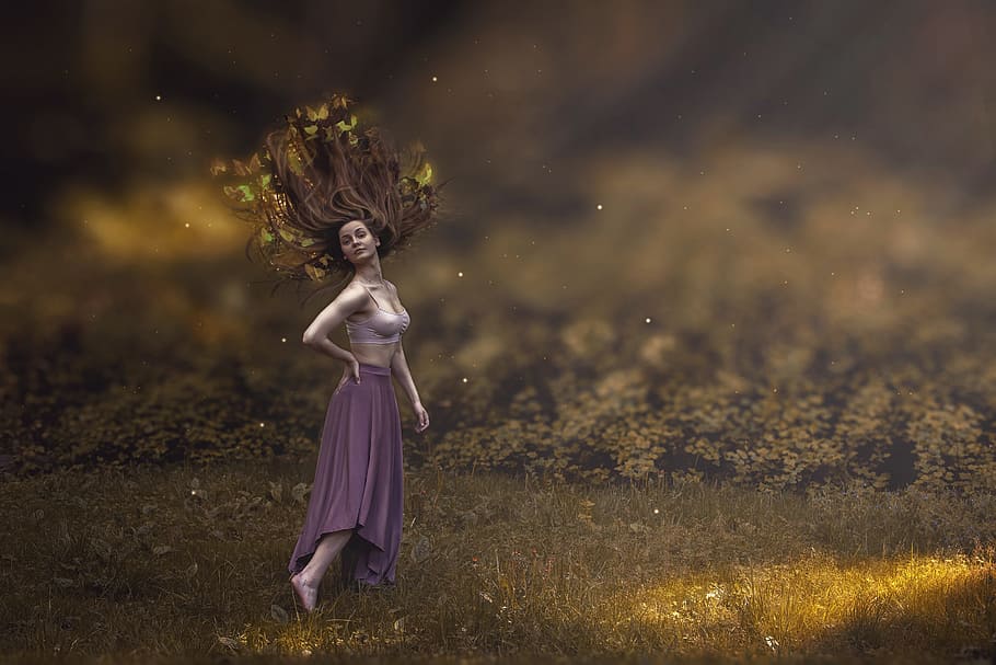 woman wearing purple dress, forest, witch, fairy, one person HD wallpaper