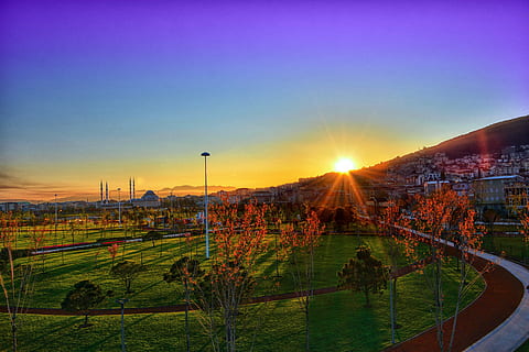 empty park, sunset, dawn, nature, mountain, turkey, landscape HD wallpaper