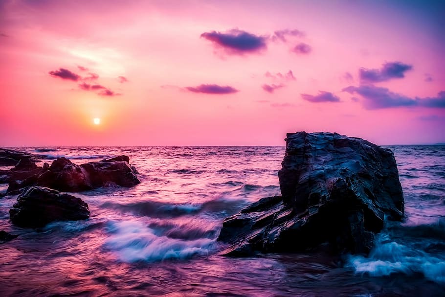 rock formation and body of water during sunrise, sea, ocean HD wallpaper