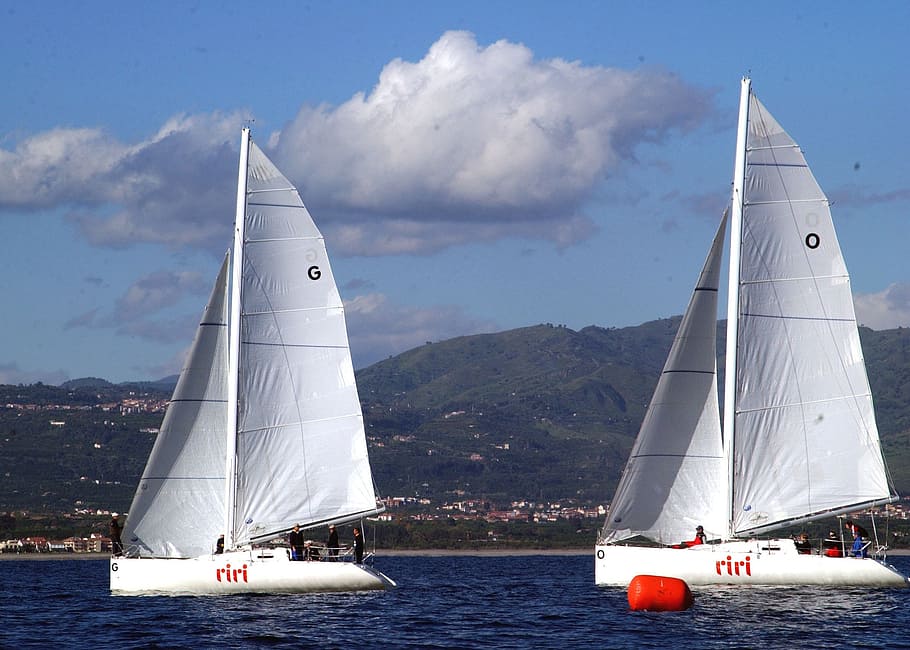 two white sail boats, catania, sicily, sky, clouds, harbor HD wallpaper
