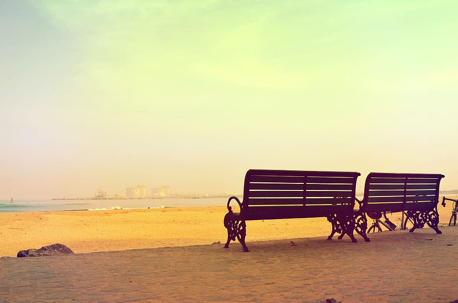 Beach Benches Summer, travel, outdoors, nature, sea, sand, no People, HD wallpaper
