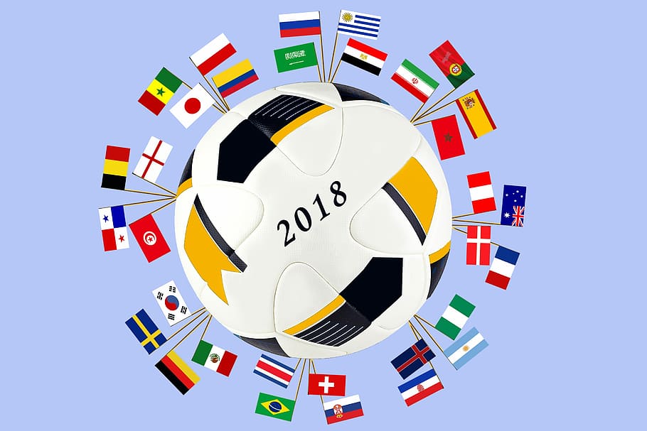 2018 white and yellow soccer ball with flags, football, world championship, HD wallpaper