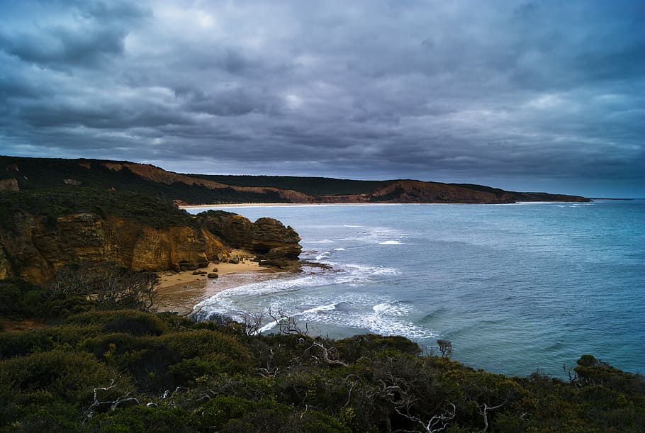 great ocean road, landmark, sky, clouds, australia, cloudy, HD wallpaper