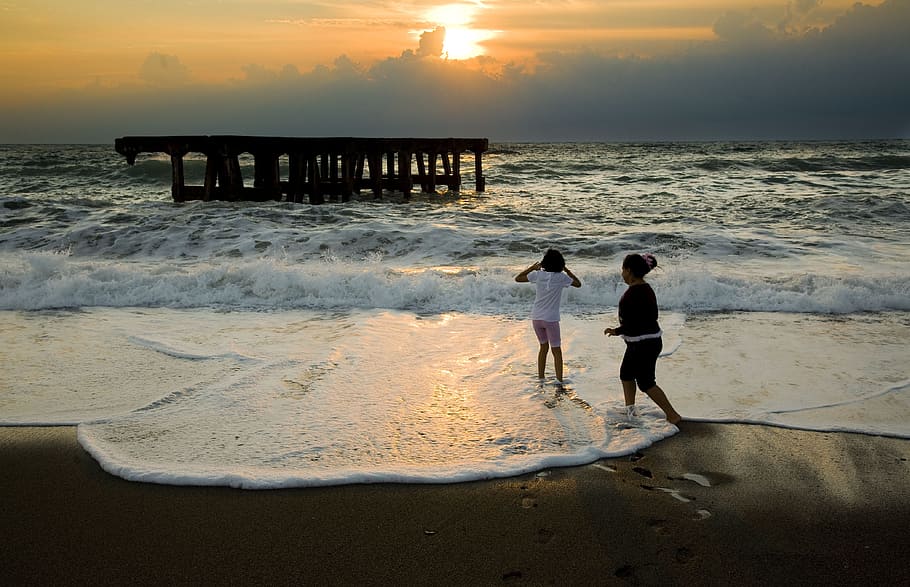 sunset, children, horizon line, wave, black sea, çaycuma, filyos HD wallpaper