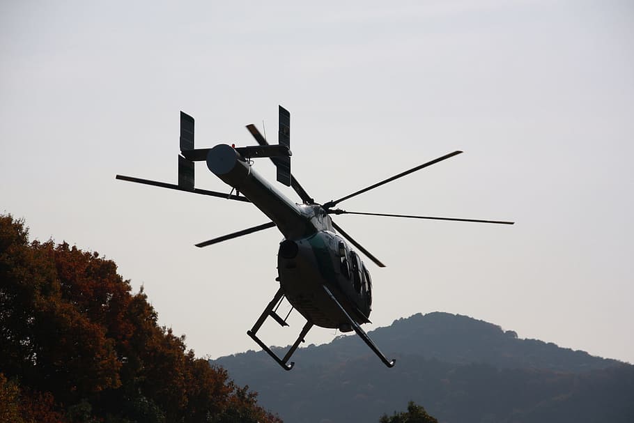 helicopter, mountain, sky, air vehicle, flying, mid-air, transportation HD wallpaper