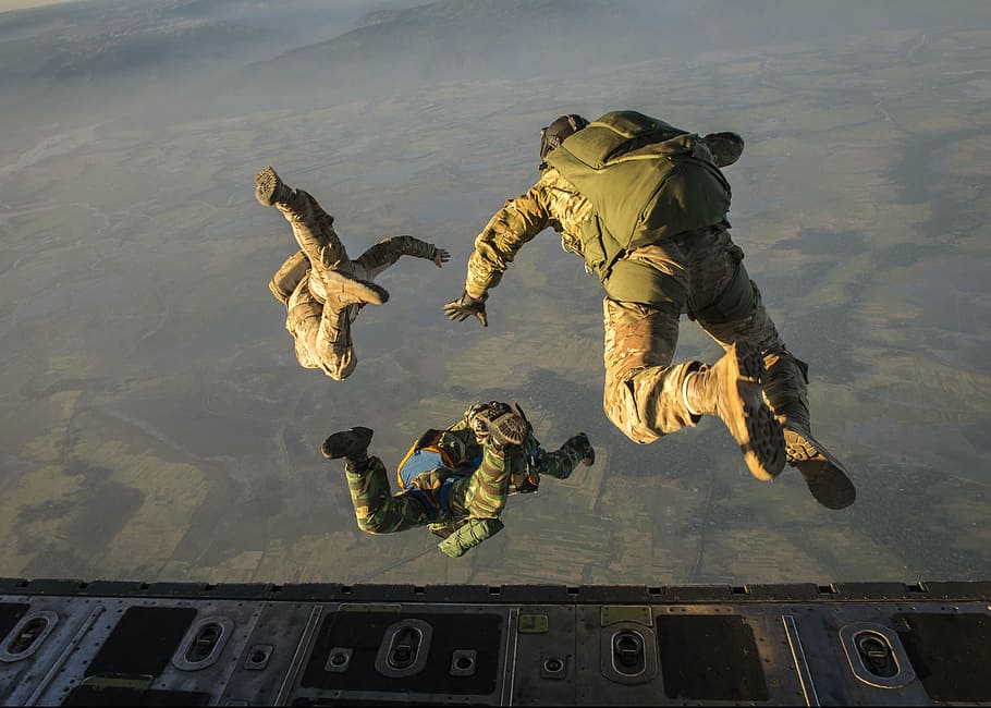 HD wallpaper: army jumping off plane with parachute backpack