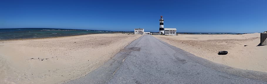 lighthouse, panorama, coast, land, sky, beach, water, sea, architecture HD wallpaper