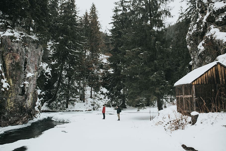 people standing on snowfield, two people standing on snow road HD wallpaper