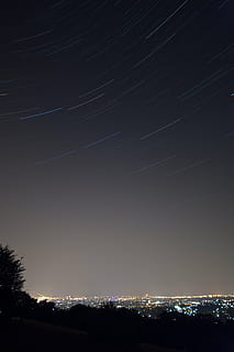 black sky, star trail, light, night, evening, dark, evening sky HD wallpaper