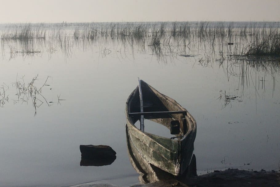gray boat on lake, boats, water, floating, empty, still, calm HD wallpaper