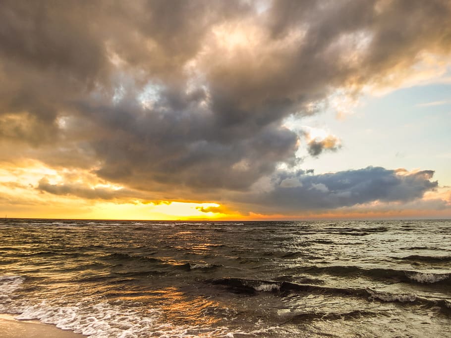 clouds, sky, dramatic, sea, ocean, wave, beach, baltic sea HD wallpaper