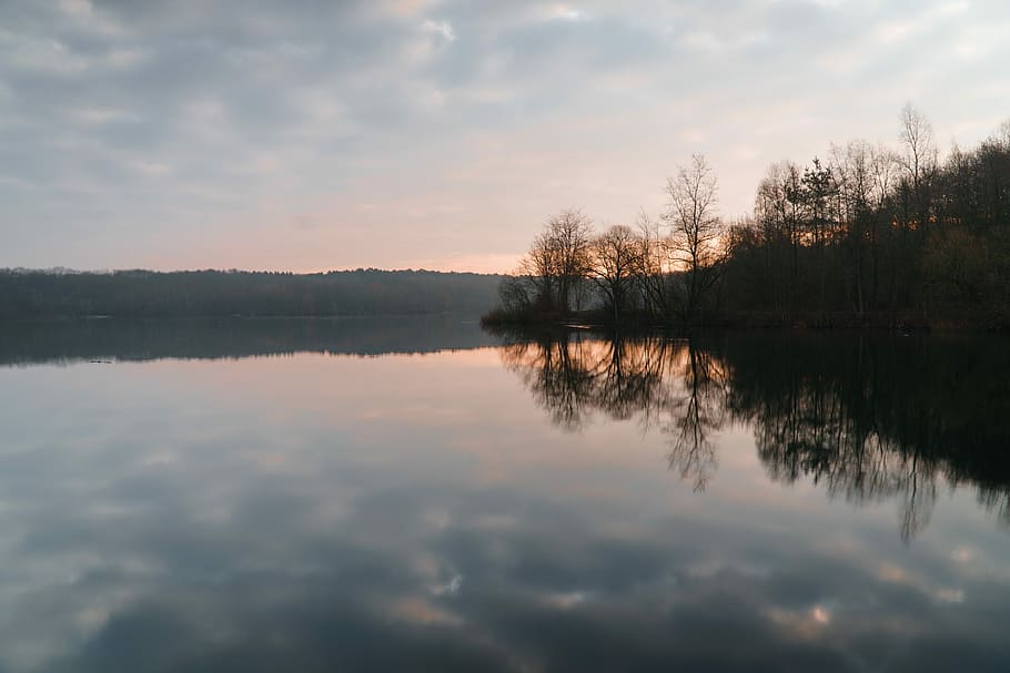 waters, reflection, lake, landscape, nature, dawn, sunset, tree HD wallpaper