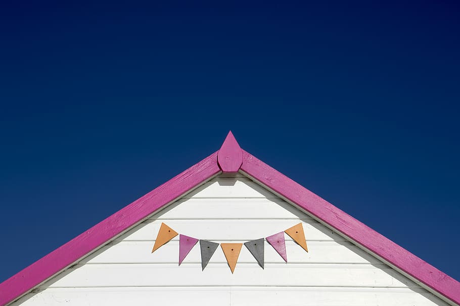white and pink wooden house roof, low-angle photography of a-shape house roof HD wallpaper