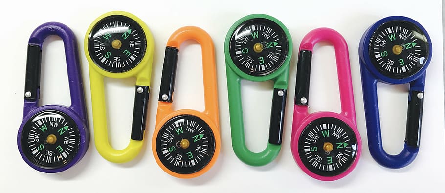 6 assorted-colored compass, carabiner, colorful, hiking, equipment, HD wallpaper
