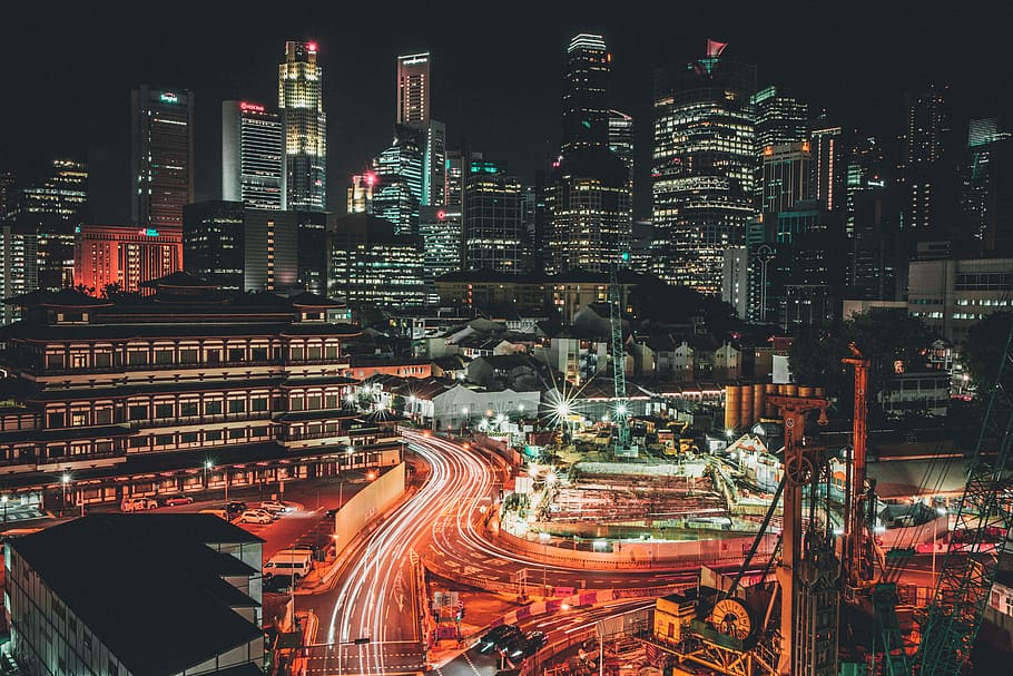 timelapse photo of city with vehicles, aerial shot of city lights HD wallpaper