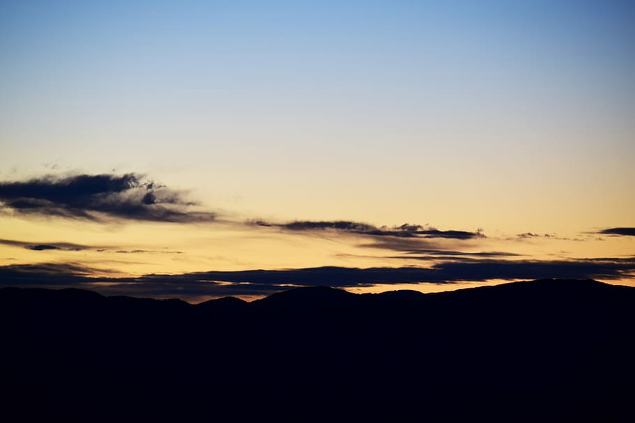 golden hour photo of sky, mountain silhouette during sunset, cloud HD wallpaper