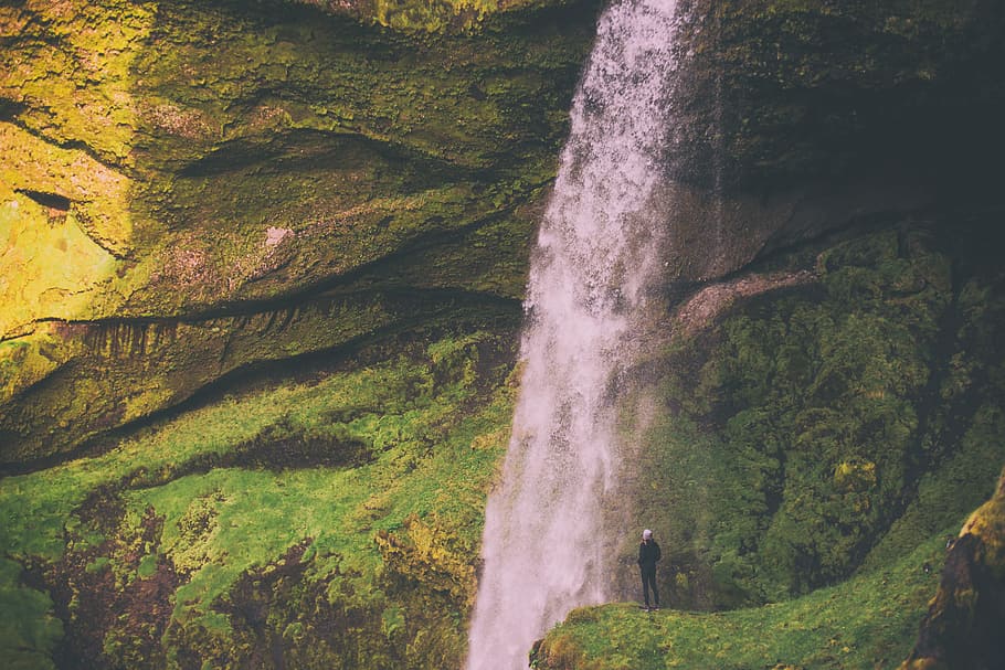 person near waterfalls, man standing on mountain with falls, nature HD wallpaper