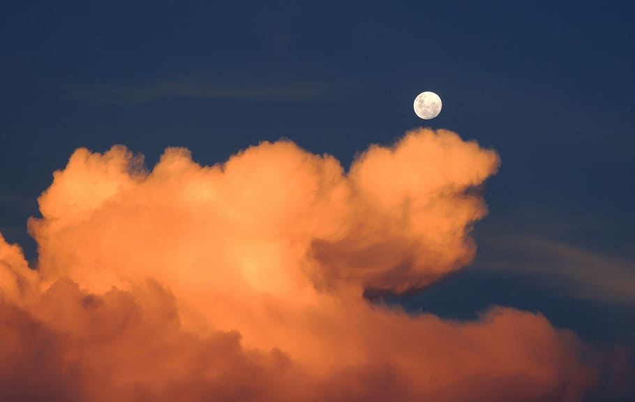 view of nimbus cumulus clouds with full moon, sky, day, the moon by day HD wallpaper