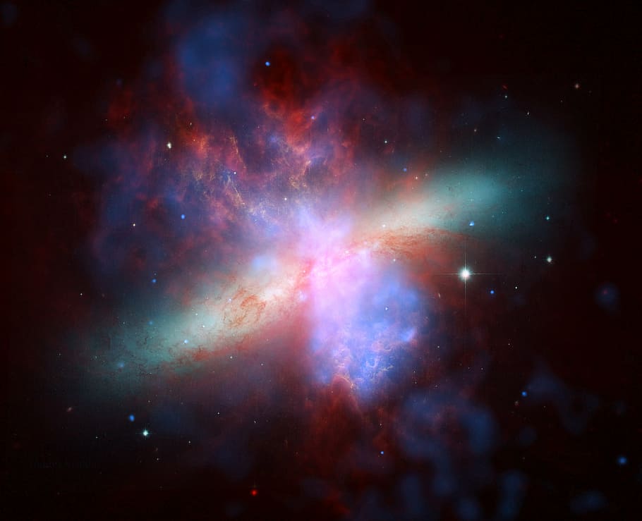 purple and red galaxy, space, universe, messier 82, m82, astronautics, HD wallpaper