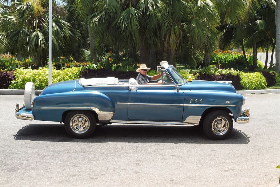 man riding blue convertible coupe near palm tree, Cuba, Auto HD wallpaper